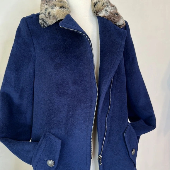 REBECCA TAYLOR Wool Blend Coat Faux Fur Collar Navy Blue, Size 2 - Picture 9 of 15